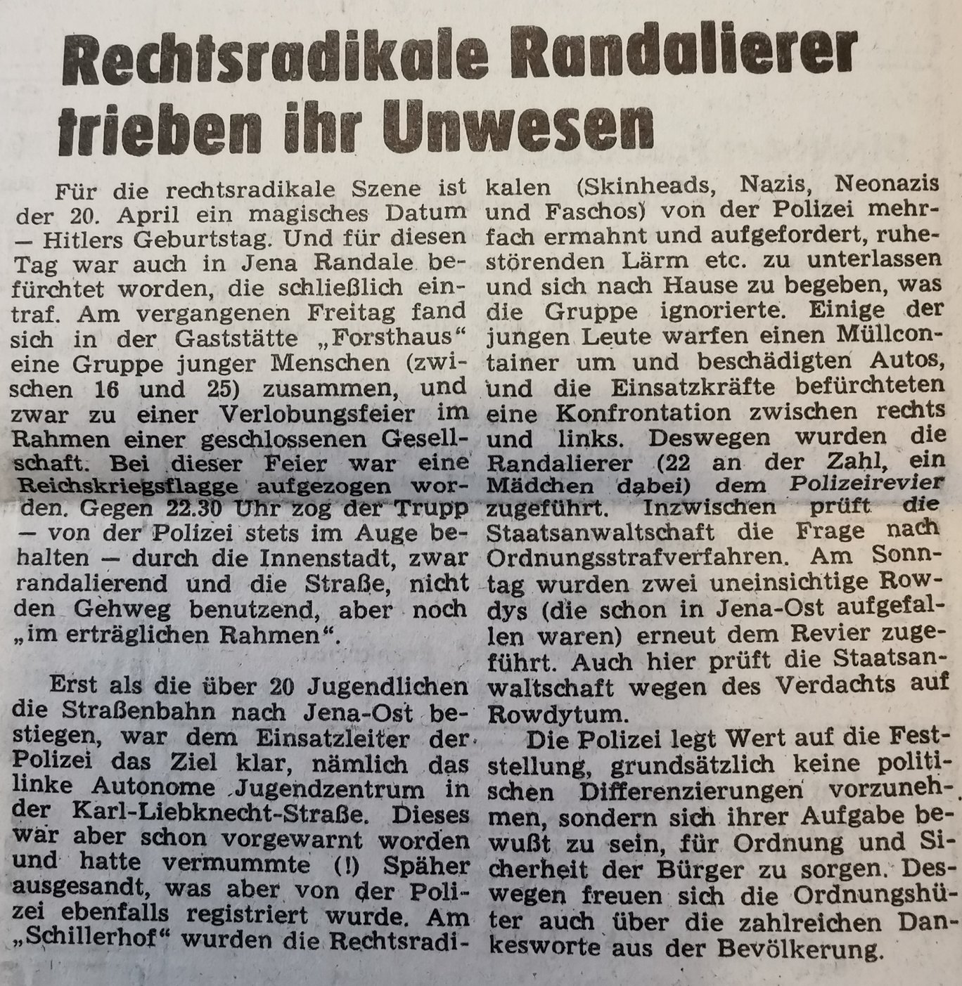 „Rechtsradikale Randalierer trieben ihr Unwesen“, Thüringische Landeszeitung (TLZ), 25. April 1990