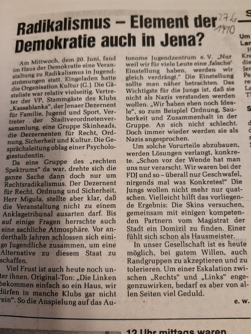„Radikalismus – Element der Demokratie auch in Jena?“, Thüringische Landeszeitung (TLZ), 27.6.1990