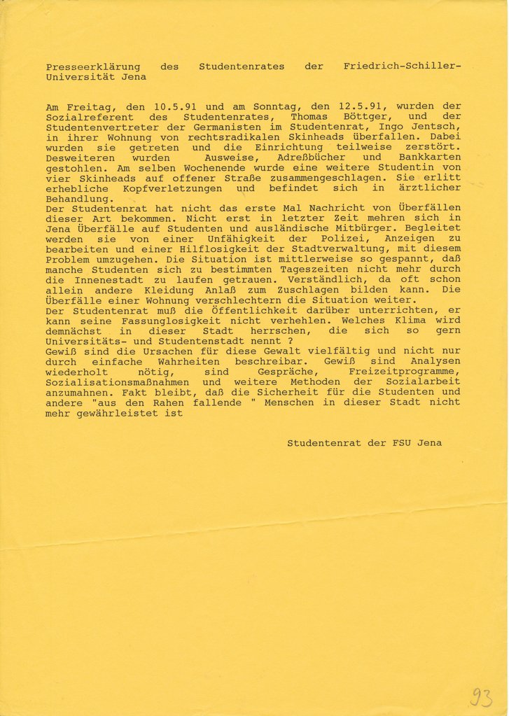 Presseerklärung des Studentenrates der FSU Jena, Mai 1991, ThürAZ, Bestand Tilo Schieck, Sg.: P-ST-K-02.03.