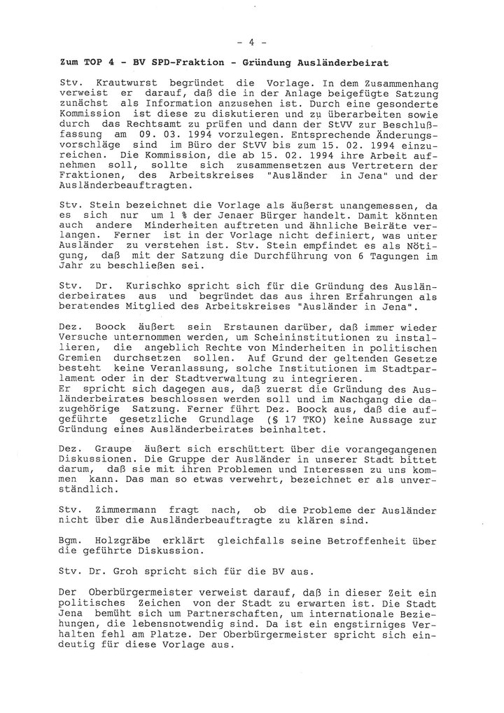 Auszug aus dem Protokoll der Stadtverordnetenversammlung vom 12. Januar 1994, Stadtarchiv Jena