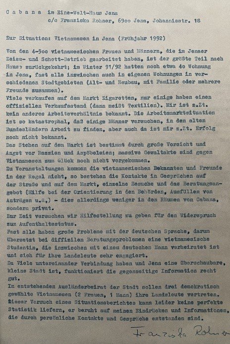 Lagebericht „Zur Situation von Vietnamesen in Jena“, Frühjahr 1992, Privatsammlung Franziska Rohner