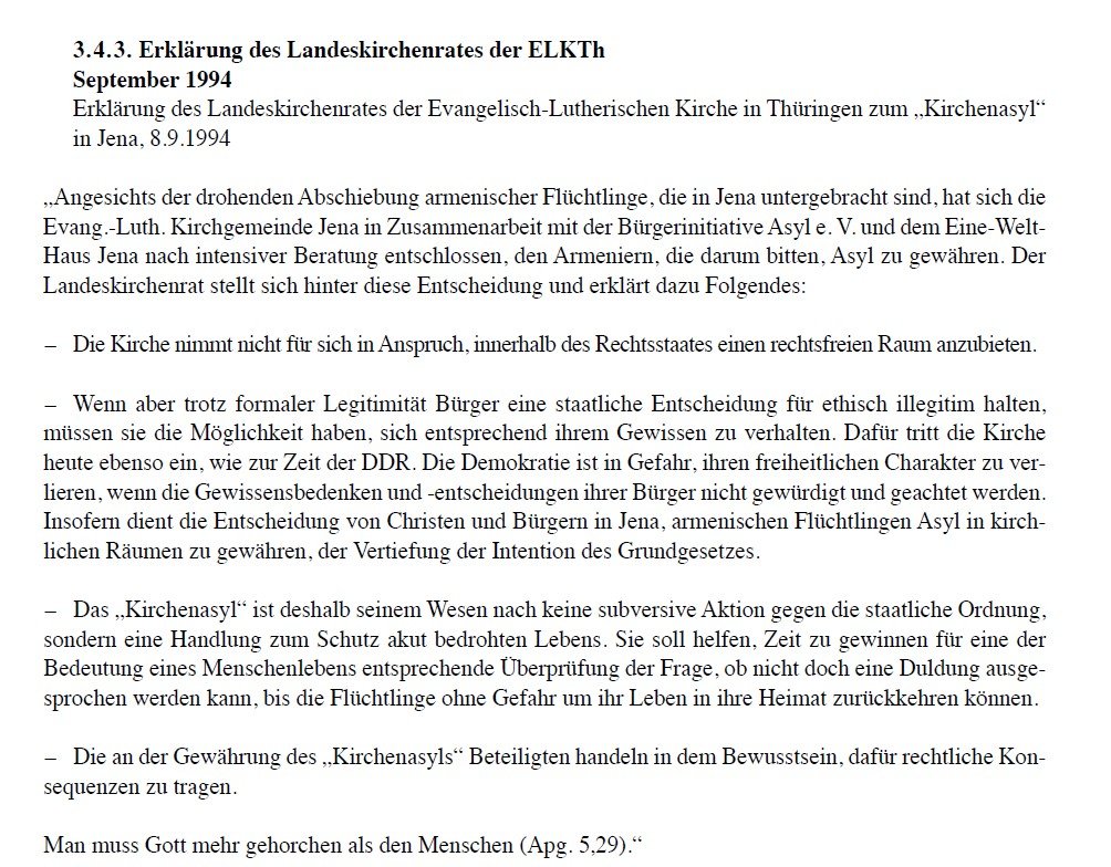 Erklärung des Landeskirchenrates, September 1994, entnommen aus: Kirchenasyl. Handreichung für die Evangelische Kirche in Mitteldeutschland, 2009